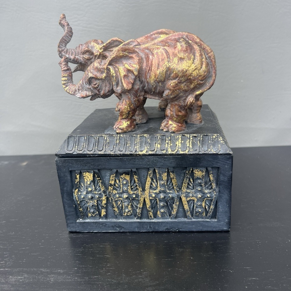 Elephant Trinket Jewelry Treasure Box 5" X 6" Decor Vintage